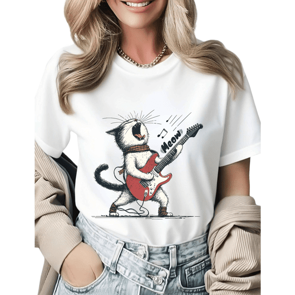 Rockstar Cat Playing Guitar Graphic Tees Womens T-shirt Black/White S-5XL Shirts Music Lover Tops