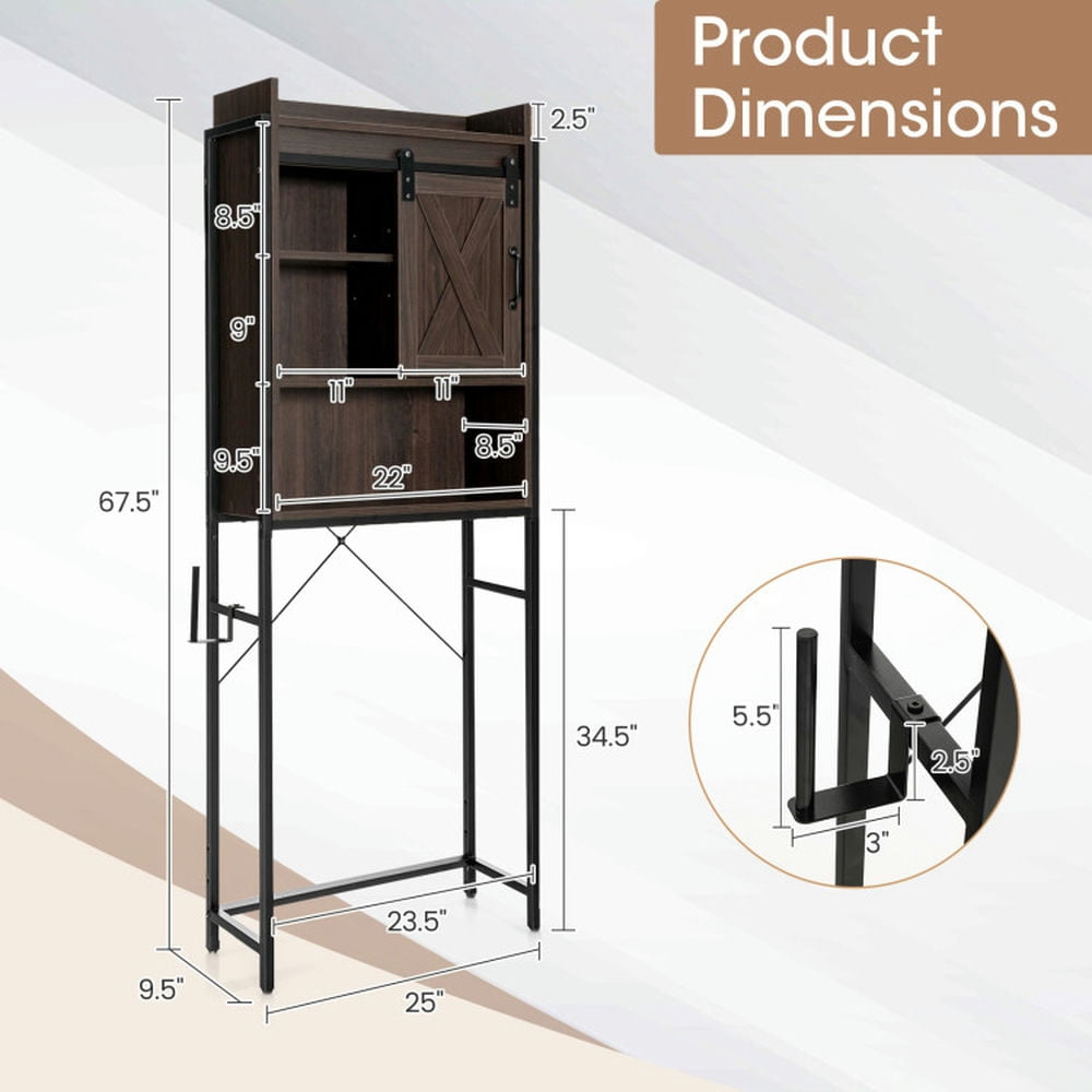 Finihen Toilet Storage Cabinet, Bathroom Cabinet Organizer, 4-Tier Multifunctional Toilet Storage Cabinet with Adjustable Shelf and Sliding Barn Door, for Bathroom, Brown
