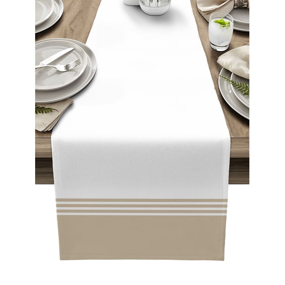 Table Runner 108 Inches Long for Kitchen Dining, Beige White Striped Dresser Scarf Farmhouse, Dining Table Decorations for Wedding/Parties, Modern Abstract Art Aesthetics 13 x 108 In