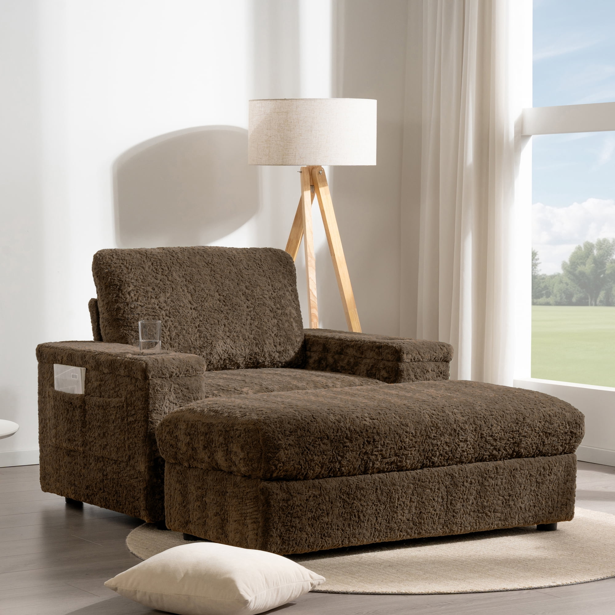 42" Oversized Chaise Lounge Chair Indoor,Upholstered Accent Chair Armchair with Storage Ottoman and Cup Holders, Reading Couch with Deep Seat for Living Room,Bedroom,Brown