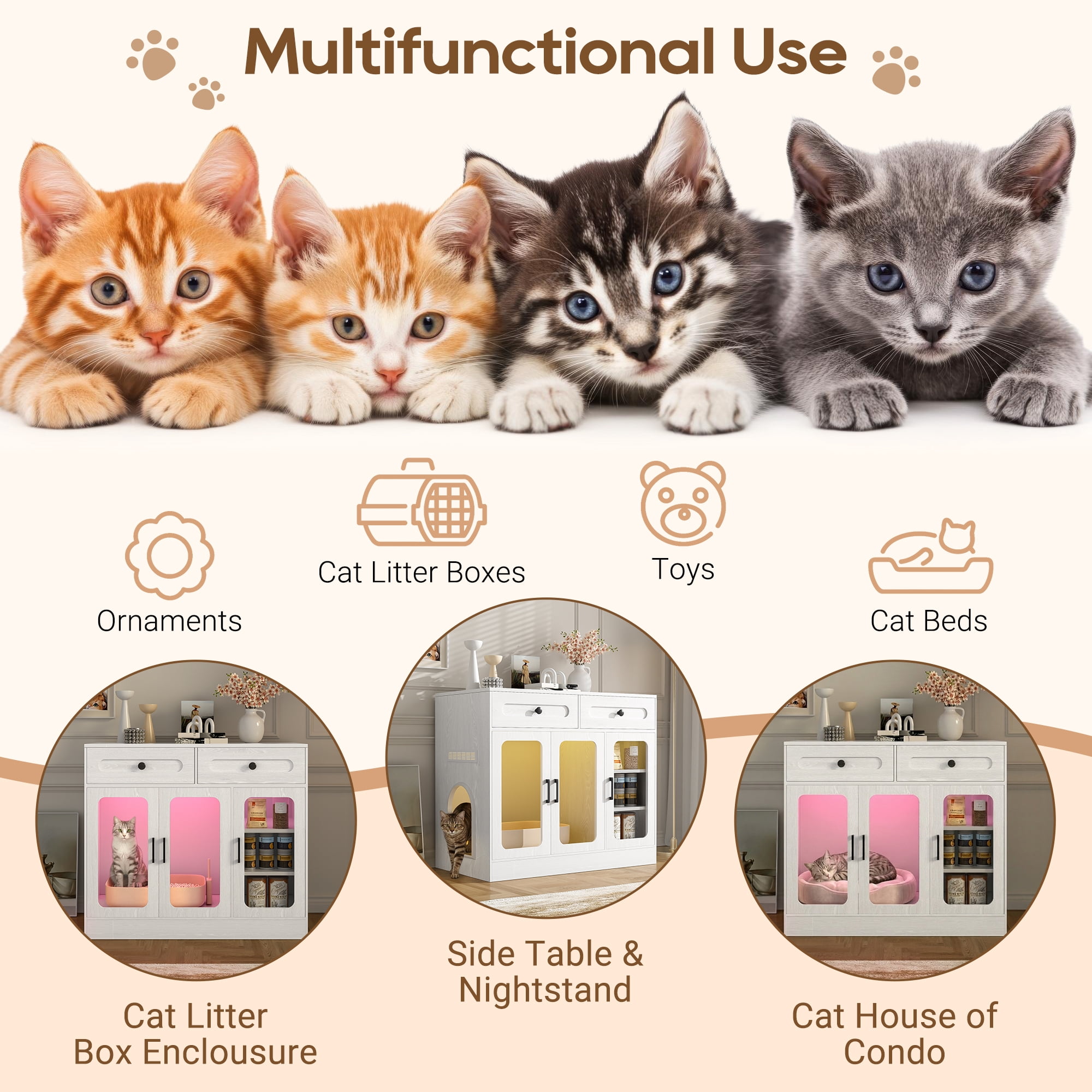 Aukfa Hidden Cat Litter Box Enclosure with LED Light, Cat Litter Box Cabinet with Storage Drawer & Acrylic Door, Modern Cat Furniture Side Table,White