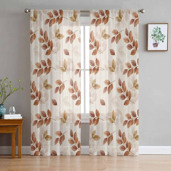 Brown Botanical Fall Sheer Curtains 72 Inches Long 2 Panels Set, Window Sheer Curtains for Living Room/Bedroom, Pastoral Maple Leaf Autumn Rustic Light Filtering Rod Pocket Curtain 52'' x 72'' x 2
