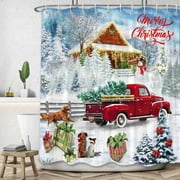 Newhomestyle Christmas Shower Curtain, Winter Holiday Xmas Tree Farm Red Truck Fabric Shower Curtains Set for Bathroom, Snow Forest Snowman Dog Restroom Decor, 72x72 inches