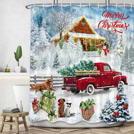 Newhomestyle Christmas Shower Curtain, Winter Holiday Xmas Tree Farm Red Truck Fabric Shower Curtains Set for Bathroom, Snow Forest Snowman Dog Restroom Decor, 72x72 inches