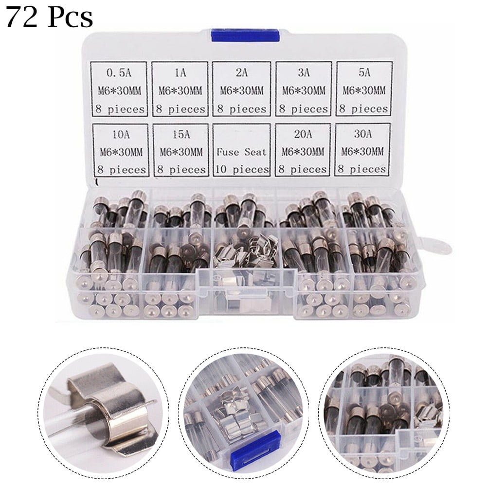 72pcs 6*30mm Glass Tube Fuses Car Electrical Assorted Kit 250V 0.5A-30A 