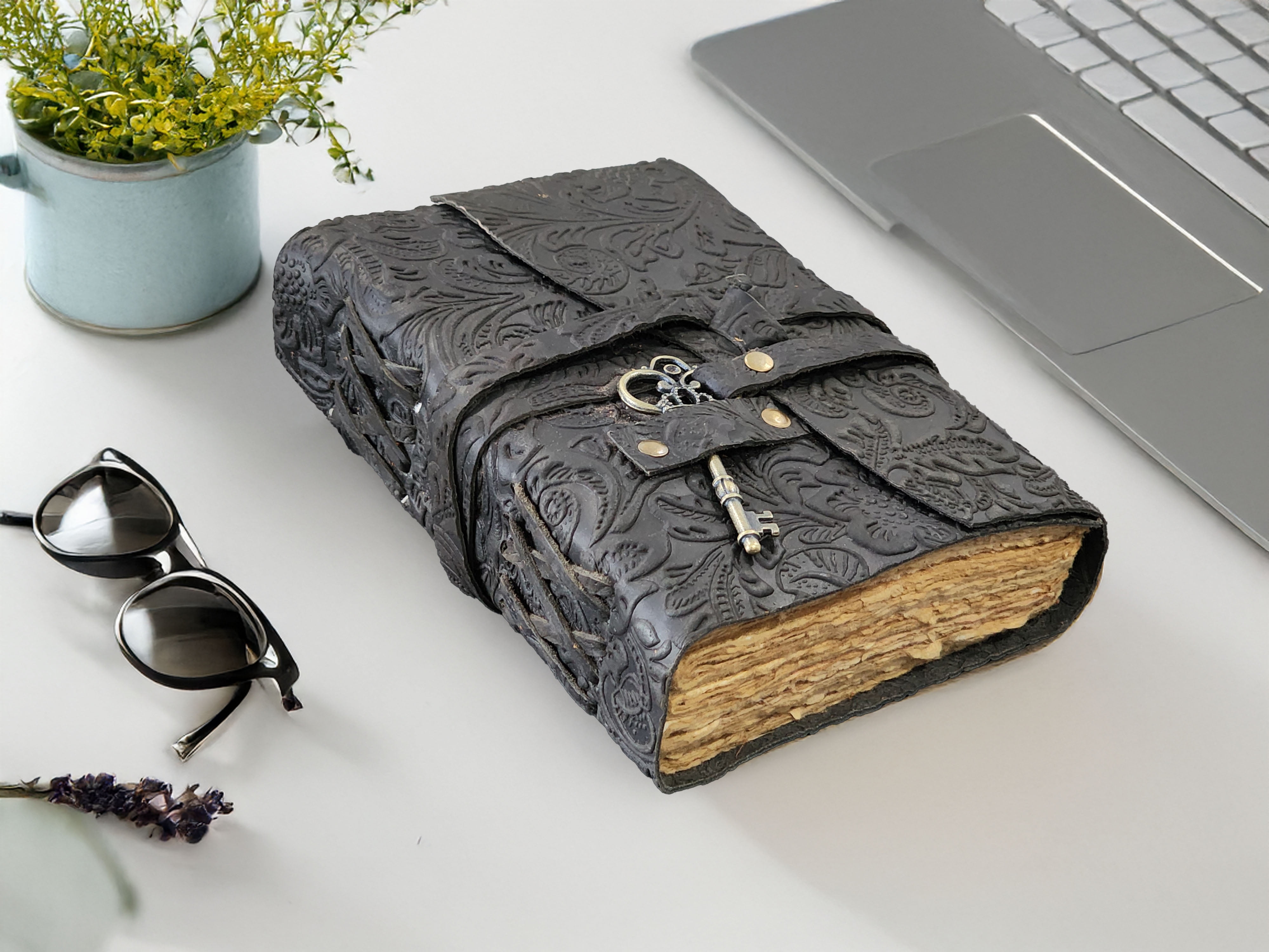 Quirky Craft Embossed Vintage Travel Journal -200 Vintage Deckle Edge Pages - 5 x 7 in, 200 Pages Sketchbook Leather Book of Shadows Leather Grimoire