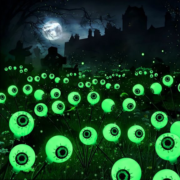 PMMIPNW Halloween Decorations Light Scary Eyeball, Outdoor Solar Lights, 2Pack 12LEDs Swaying Firefly Light, Waterproof Pathway Lights for Garden Yard Patio Halloween Party Decor, Green
