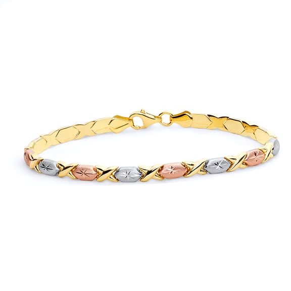 Wellingsale 14k Tri 3 Color Gold Polished Diamond Cut Stampato XOXO Bracelet with Lobster Claw Clasp - 7.25"