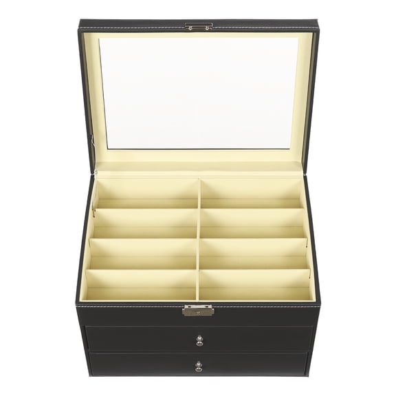 Dwellnix 24-Compartment Eyeglasses Display Case with Drawers – Jewelry & Eyewear Storage Organizer with Clear Glass Lid & Secure Lock for Home or Office Use