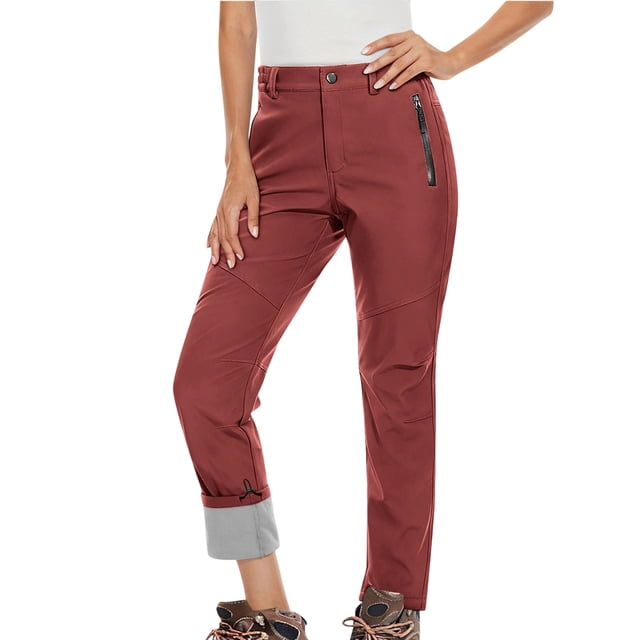 Women's Winter Fleece Lined Waterproof Ski Pants - High Rise Windproof Insulated Hiking Pants with Pockets, Softshell Ripstop Outdoor Snowboarding Pants