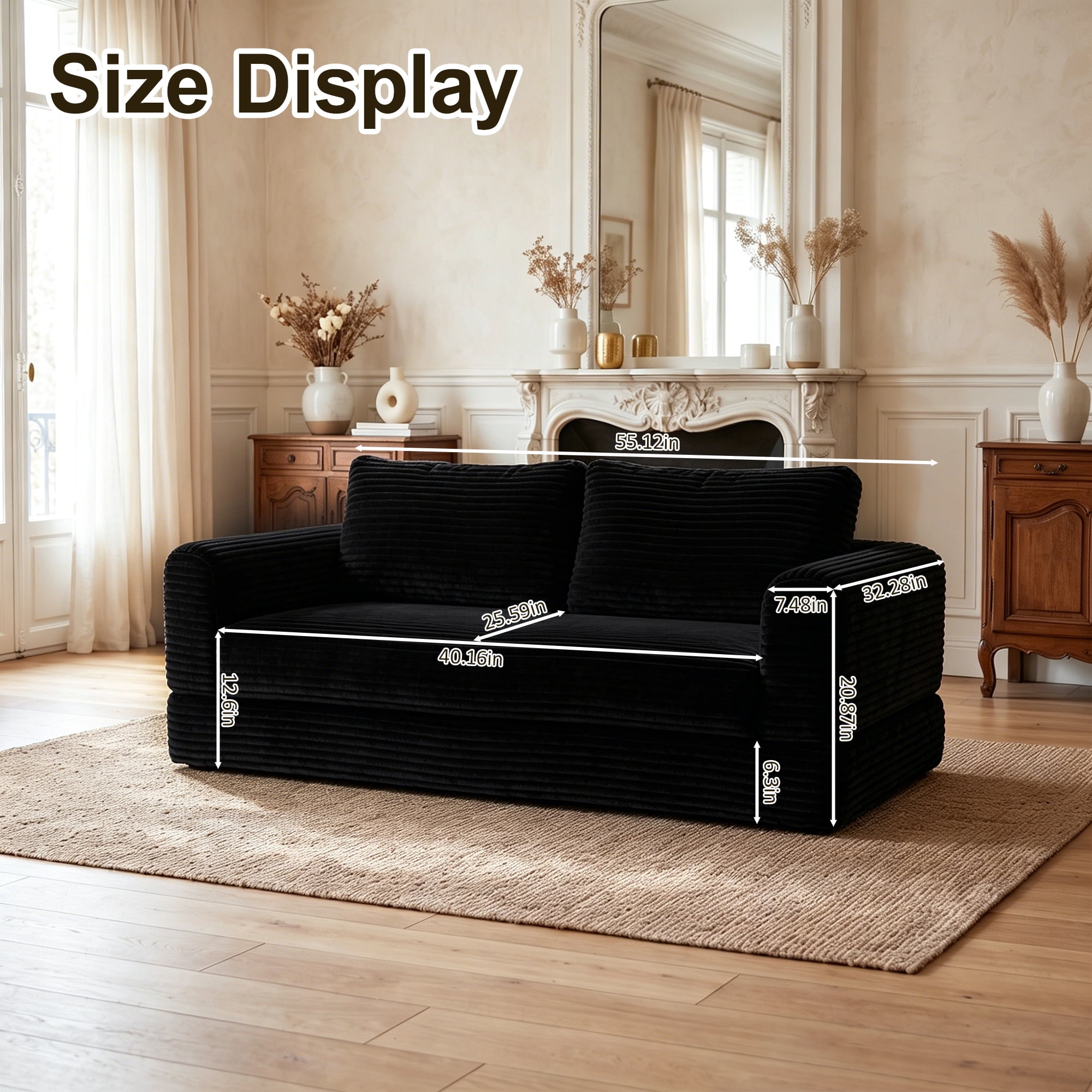 55" Convertible Futon Sofa Bed,Folding Boneless Couch with Sleeper Sofa,Fold Out Floor Sofa with Deep Seat,Cloud Corduroy Foldable Mattress Couch for Living Room,Black