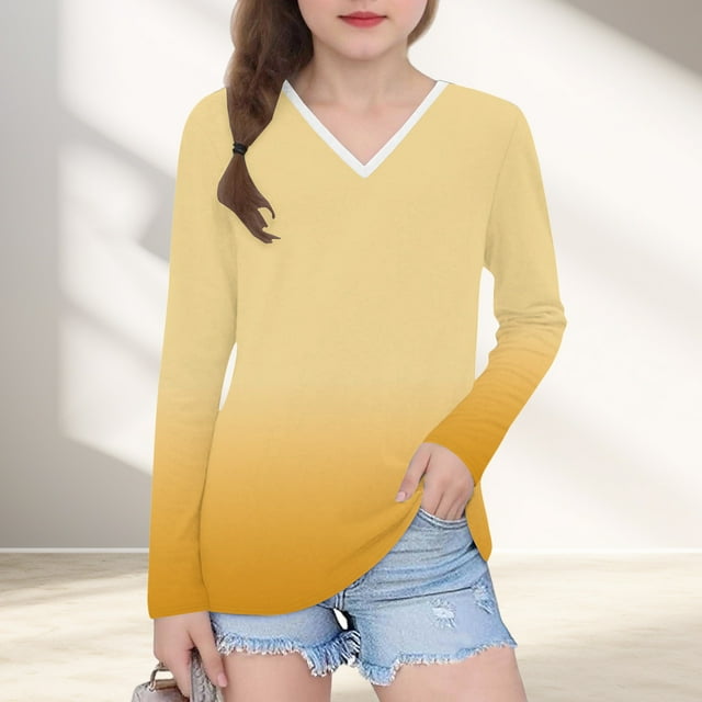 YUNAFFT Girls V-Neck Long Sleeve Gradient Print Pullover Top Casual Stylish