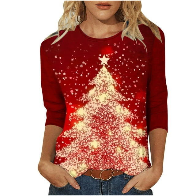 Liquidation Staron Blouses de Noël pour Femmes Manches 3/4 Imprimé Arbre de Noël T-Shirts Basiques Hauts Col Rond Fêtes de Noël Ample Décontracté Hauts Mignons Laids Chandail Noir TTG