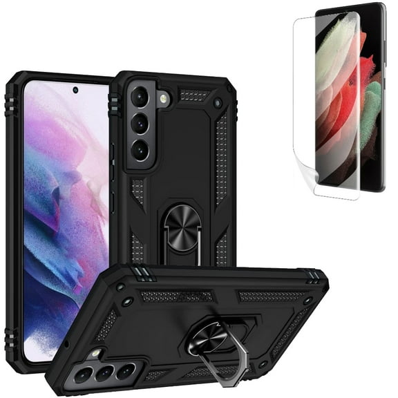 Hybrid Case Cover w Matte Screen Protector for Samsung Galaxy S22 Plus Phone - Metal Ring Kickstand Shockproof Armor, TPU Film Anti-Glare Anti-Fingerprint Fingerprint Works Accessory Bundle