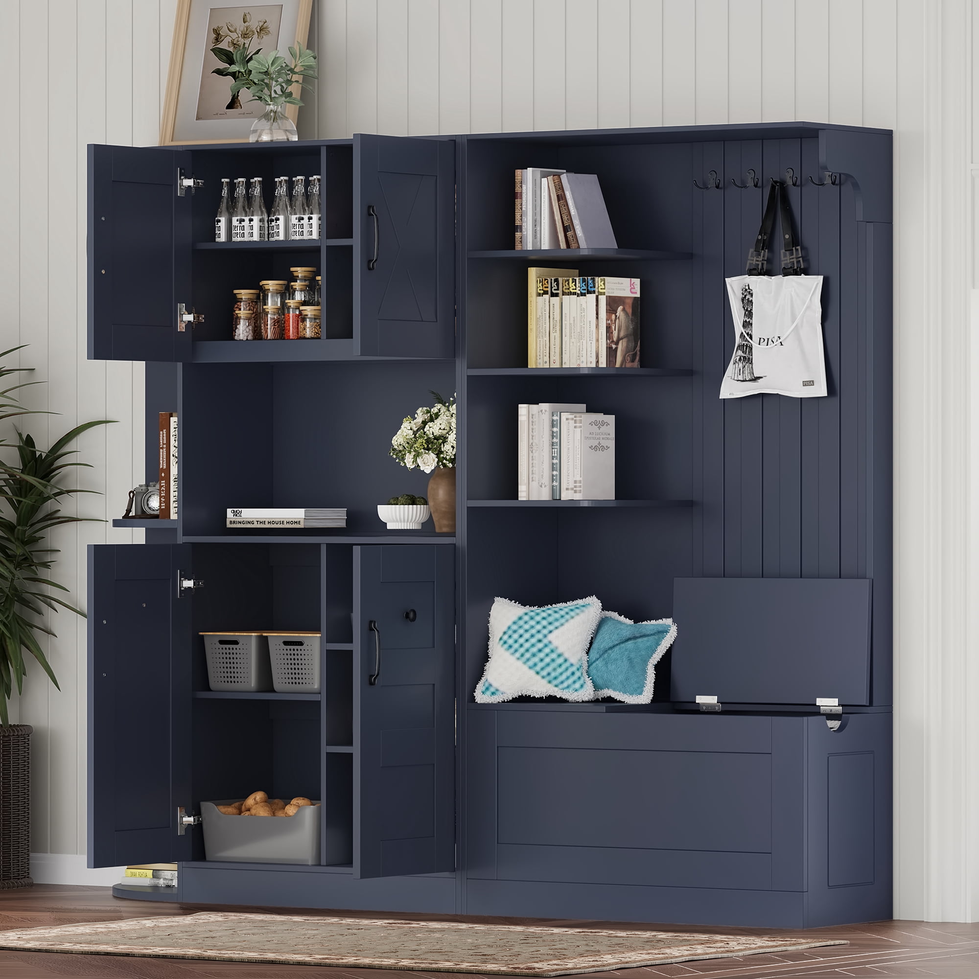 T-Foyer Farmhouse Antique Blue Detachable Hall Tree with 4 Hooks & Bench, Wooden Rustic Entryway Organizer with Open Storage & 2 Cabinets
