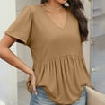 thumbnail image 4 of TQWQT Summer Tops for Women Loose V-Neck Peplum Short Sleeve Blouses Solid Color Dressy Shirt Puff Sleeves Tunic Top Plus Size Maternity Clothes Camel L, 4 of 5