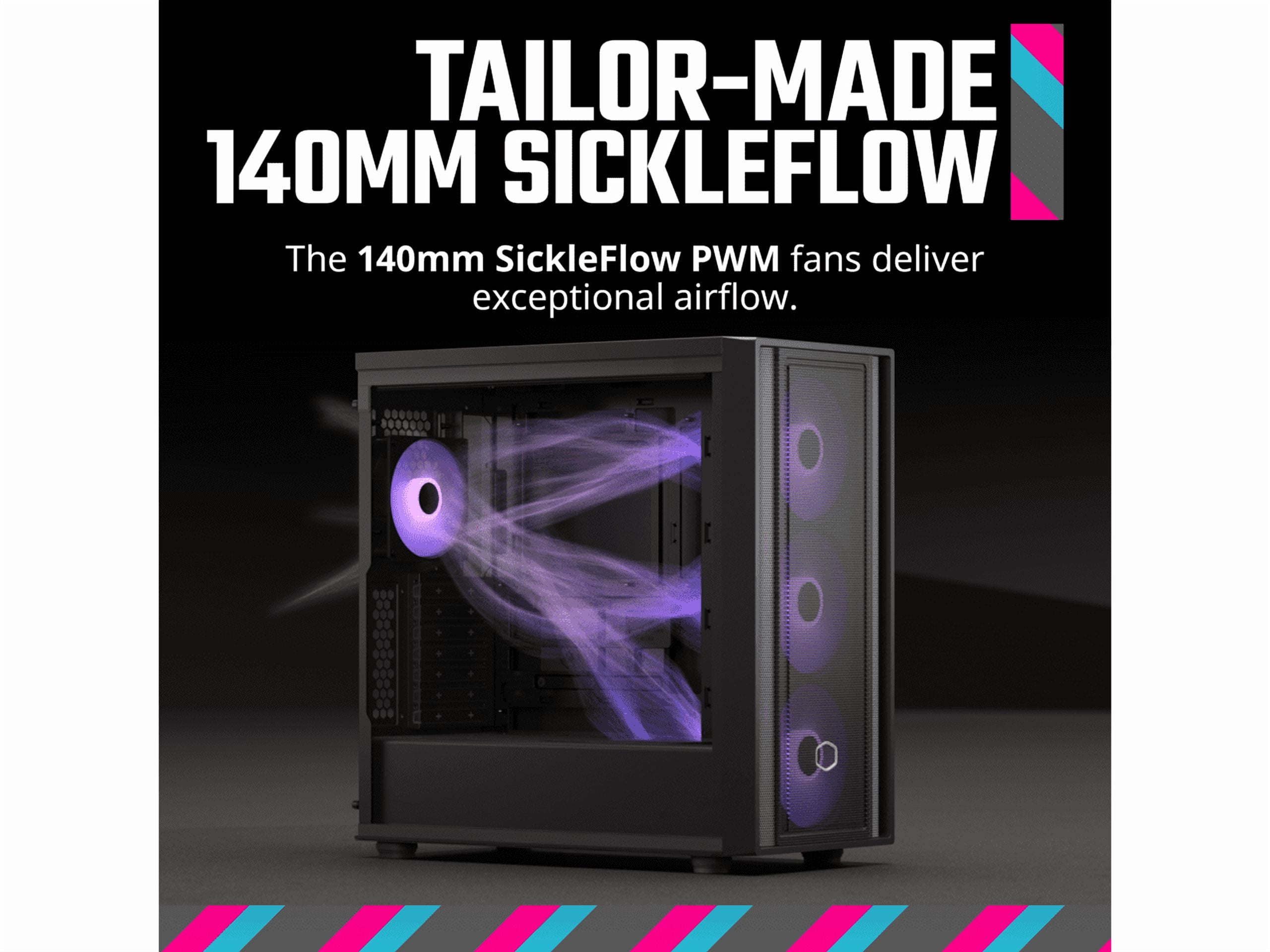 Cooler Master MasterBox 600 ATX Black Mid-Tower Case, Back-Connected Motherboard Asus|MSI|Gigabyte, 410mm GPU Max, *420mm AIO Max, Type C, Tempered Glass, Triple 140mm SickleFlow PWM, FineMesh