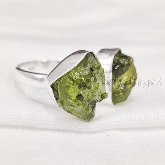Natural Peridot Ring, Raw Peridot Gemstone Ring, August Birthstone, Adjustable, 2 Stone, 925 Sterling Silver, Womens Ring, Christmas, Thanksgiving, Handmade, Statement Jewelry, Rough Gemstone Jewelry