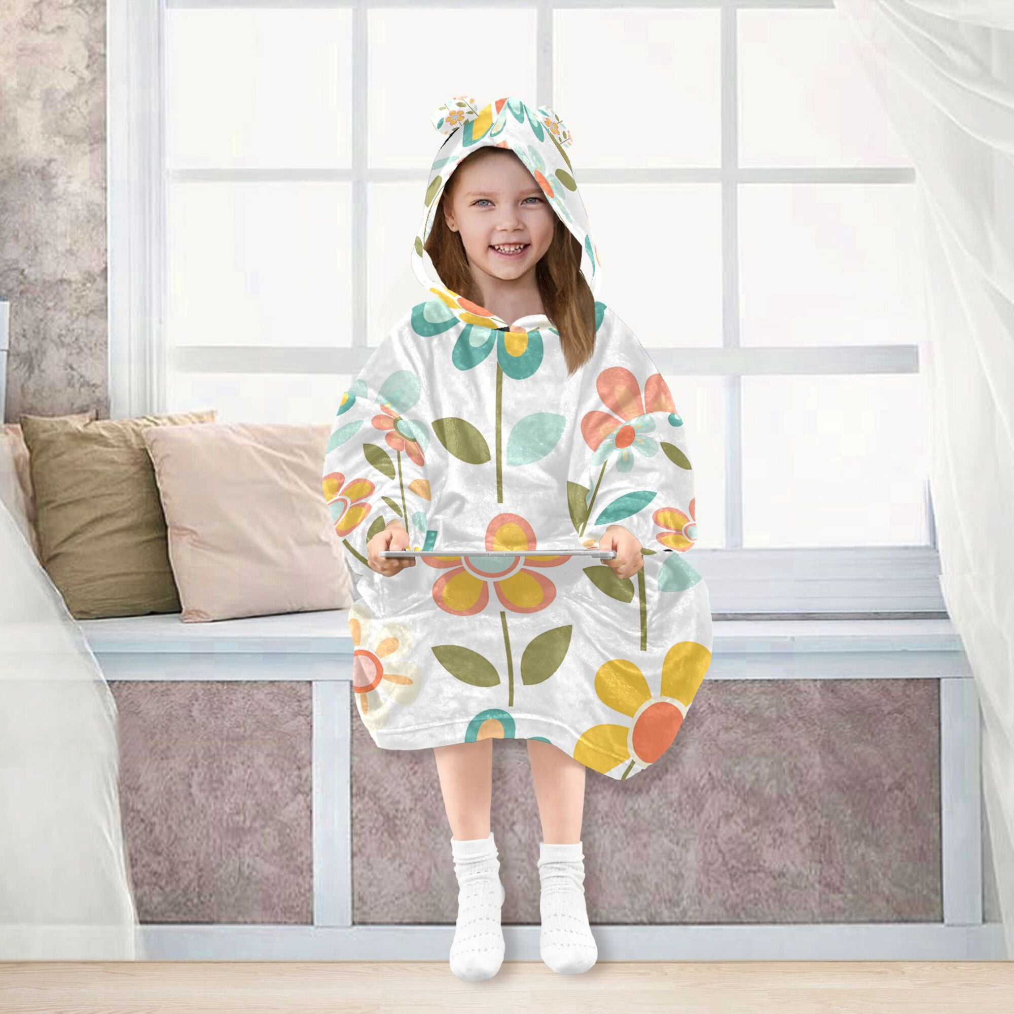 FORMRS Wearable Blanket Hoodie with Sleeves for Kids Cozy Flannel Sweatshirt, Orange Retro Flower