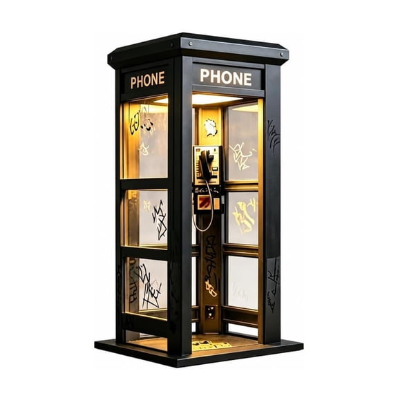Retro Phone Booth Table Lamp, Wooden Decorative Night Light with Warm Amber Glow, Vintage Urban Style Desk Lamp for Bedroom, Living Room, Study, Coffee Corner and Gift Decor