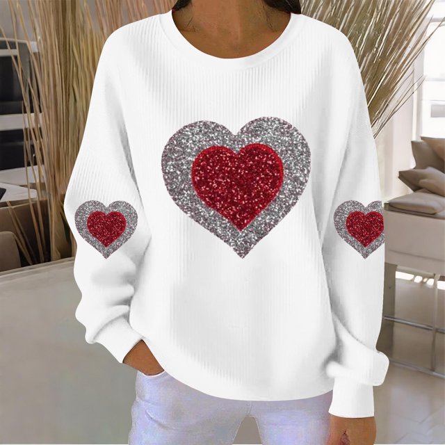 Ounisa Chandails à Manches Longues pour Femmes Col Ras du Cou T-Shirts de la Saint-Valentin T-Shirts Imprimés Cœur d'Amour Hauts Tee à la Mode Décontractés Amples