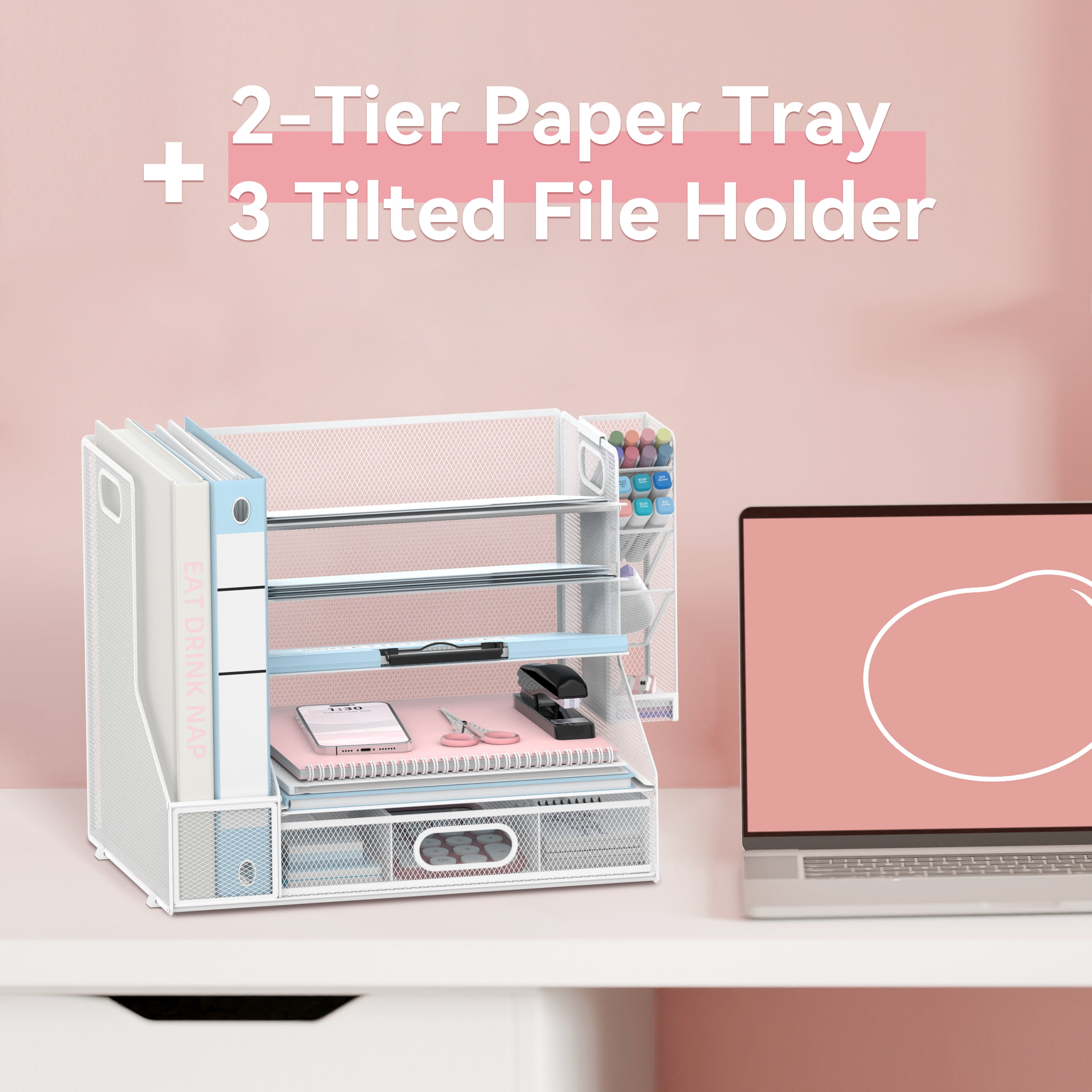INTIGE Metal 5-Tier Desk Organizer with File Holder, Pen Holder and Drawer, File Paper Organizer,  White