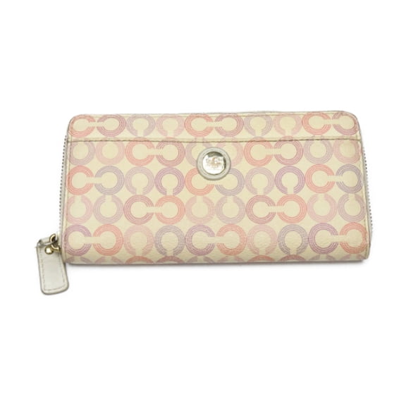 Pre-Owned Coach Signature Zip-Around Leather Long Wallet in Beige (Fair)