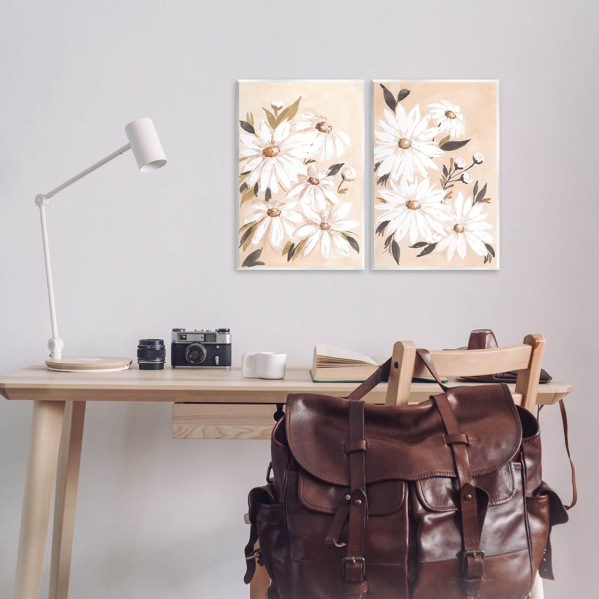 Stupell Industries White Daises on Peach Plants & Flowers Painting Unframed Art Print Wall Art, 13 x 19, Set of 2