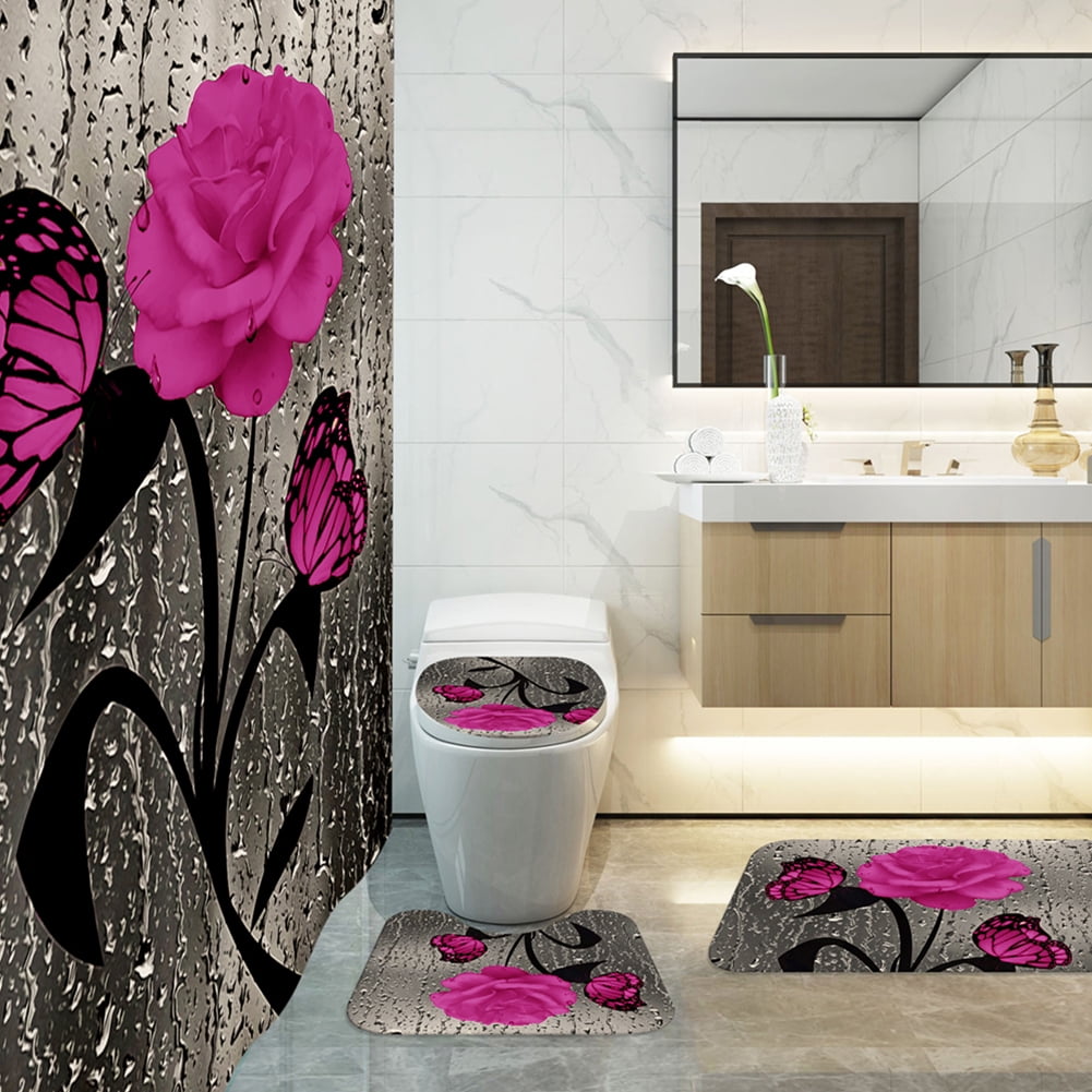 4 Pcs Bathroom Shower Curtain Set Pink Rose Shower Curtain Bathroom Sets Valentine's Day Shower Curtain Sets with Rugs(Bath Mat,U Shape and Toilet Lid Cover Mat) and 12 Hooks