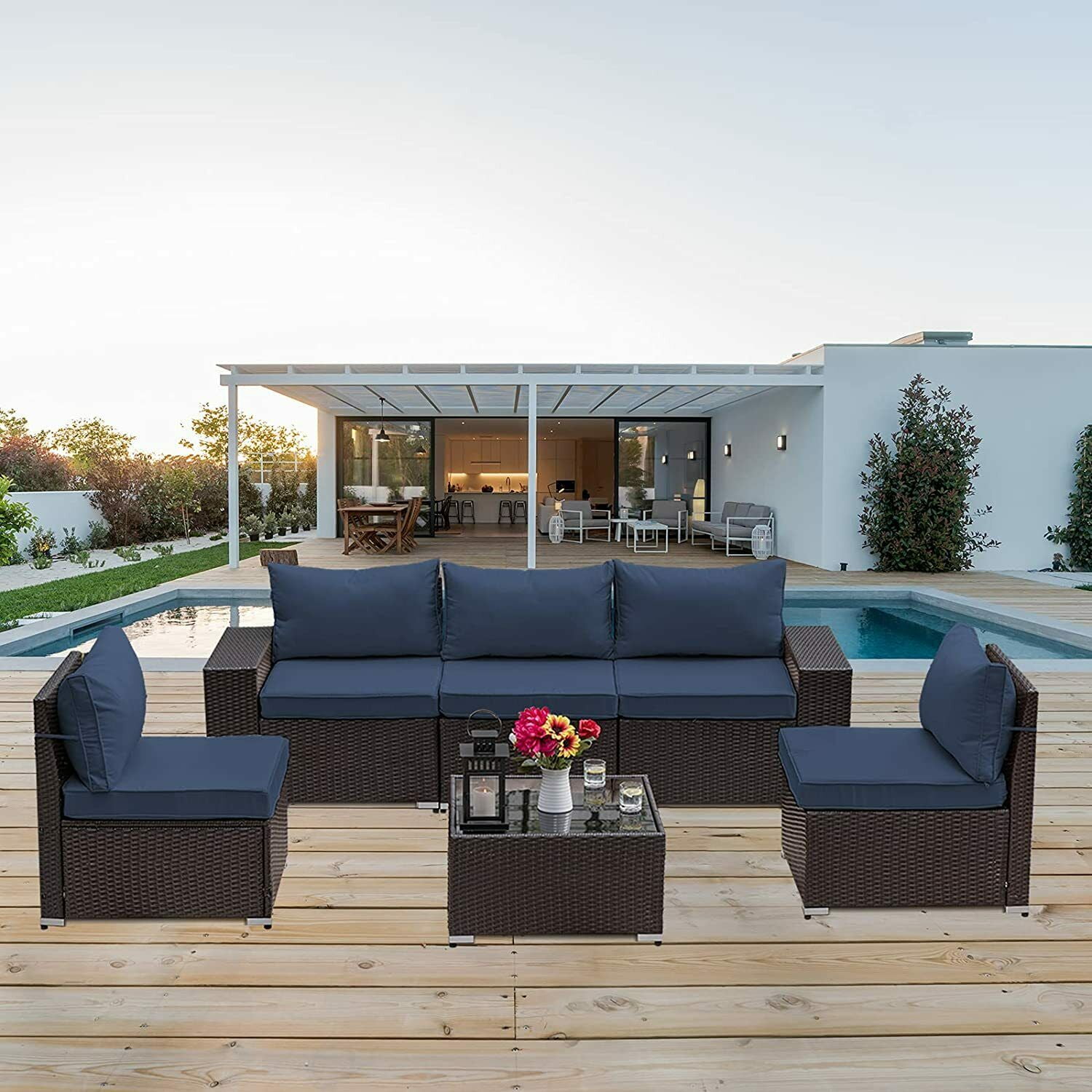 Gotland Outdoor Patio Furniture Set 6 Piece Sectional Rattan Sofa Set Rattan Wicker Patio Conversation Set with 5 Seat Cushions and 1 Tempered Glass Table, Dark Blue