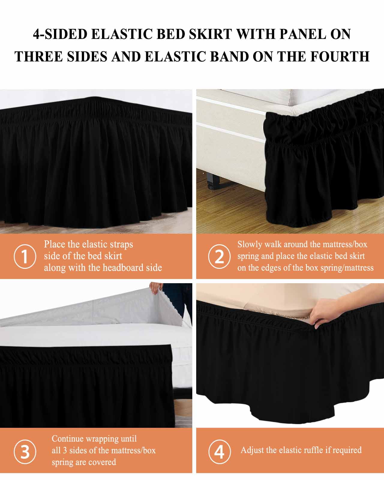 Black Wrap Around Bed Skirts for California King Bed 16" Drop, Bed Skirt with Adjustable Elastic Belt Dust Ruffle Bed Valance for Bedroom Hotel Luxury Pure Black Bed Frame Cover