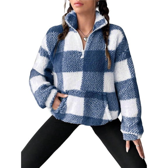 Women's Plaid Long Sleeve Zipper Fleece Sweatshirt Pullover Jacket Coat with Pockets Blue XL