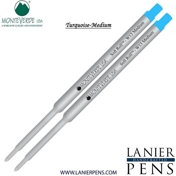 Lanier Combo Pack - 2 Pack - Monteverde Soft Roll Ballpoint W13 Paste Ink Refill Compatible with most Waterman Style Ballpoint Pens - Turquoise (Medium Tip 0.7mm)