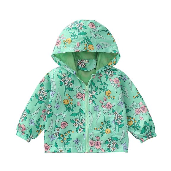 FINALGANG Girls Kids Floral Print Hooded Jacket Lightweight Windproof Full Zip Closure Cute Flower Pattern Coat For Daily Outdoor Wear Green 3-4 Years