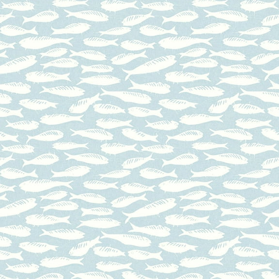 3122-10504 Nunkie Sardine Wallpaper with Playful Coastal Charm in Aqua Blue Off White Colors Coastal Style Prepasted Acrylic Coated Paper