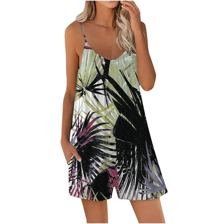 

Women s Casual Loose Print Jumpsuit Summer Lounge Sleeveless Sling Romper with Pocket