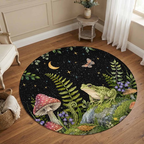 Round Area Rugs 4Ft, Frog Mushroom Non-Slip Washable Circle Rugs Carpet, Country Botanical Butterfly Eucalyptus Leaves Indoor Outdoor Rug Floor Mats Throw Runner for Bedroom Living Room Bathroom