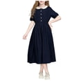 thumbnail image 3 of Bxsruta Girls Solid Color Doll Collar Dress High Waist A Line Short Sleeve School Uniform Dress for Teen Students Summer Versatile Wear, 3 of 7