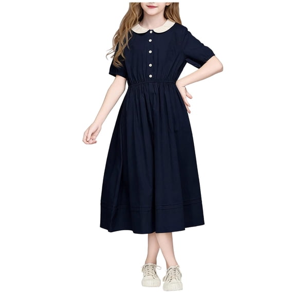 Efsteb Girls Peter Pan Collar Midi Dress Kids Puff Sleeve Casual A-Line Dress for School and Everyday Wear (Navy,15-16 Years)