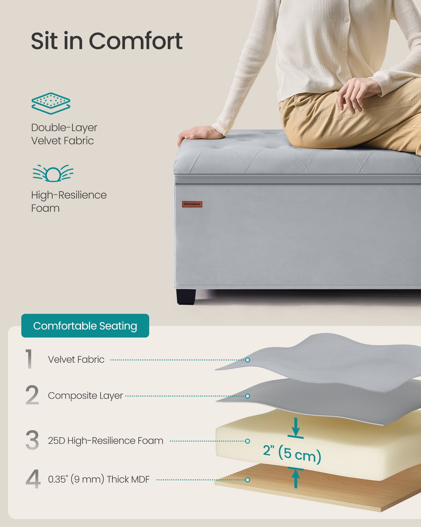 SONGMICS 43" Storage Ottoman Bench Foot Rest with Legs End of Bed Bench Storage Chest Load up to 660 lb for Living Room Bedroom Dove Gray
