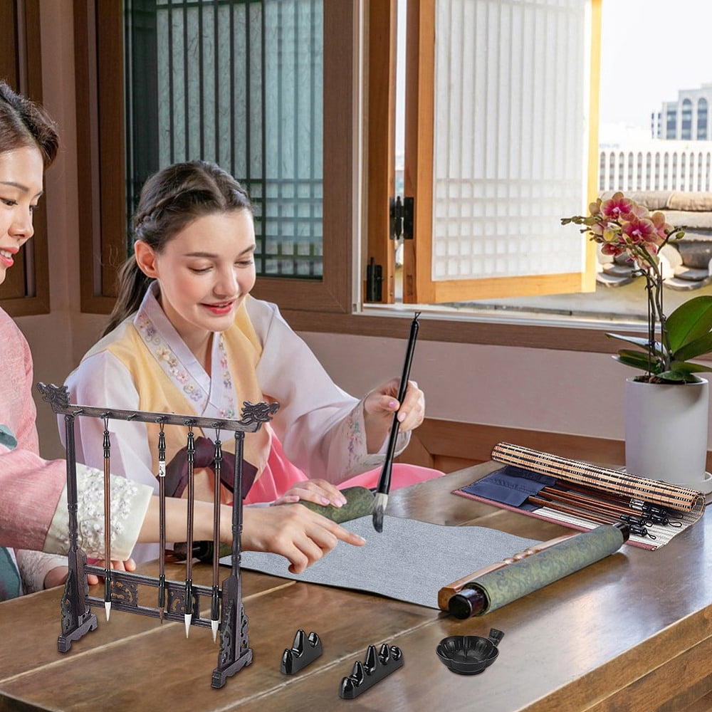 1 Set Chinese Calligraphy Drawing Kit include Brush Holder & Brush Pen & Water Writing Magic Cloth for Chinese Calligraphy Lovers Mixed Color