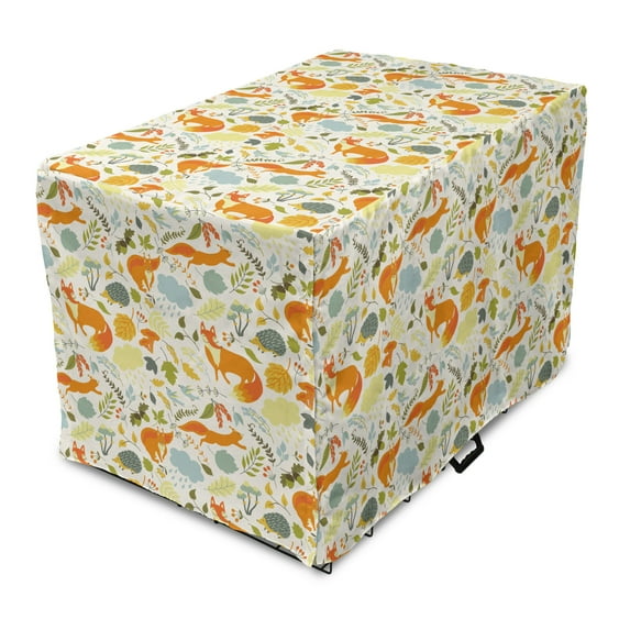 Woodsy Dog Crate Cover, Floral Botanical Details and Animal Squirrel Fox Hedgehog Berries Leaves, Easy to Use Pet Kennel Cover Small Dogs Puppies Kittens, 7 Sizes, Multicolor, by Ambesonne