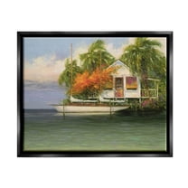 Tropical Seaside House Boat Landscape Painting Jet Black Framed Art Print Wall Art