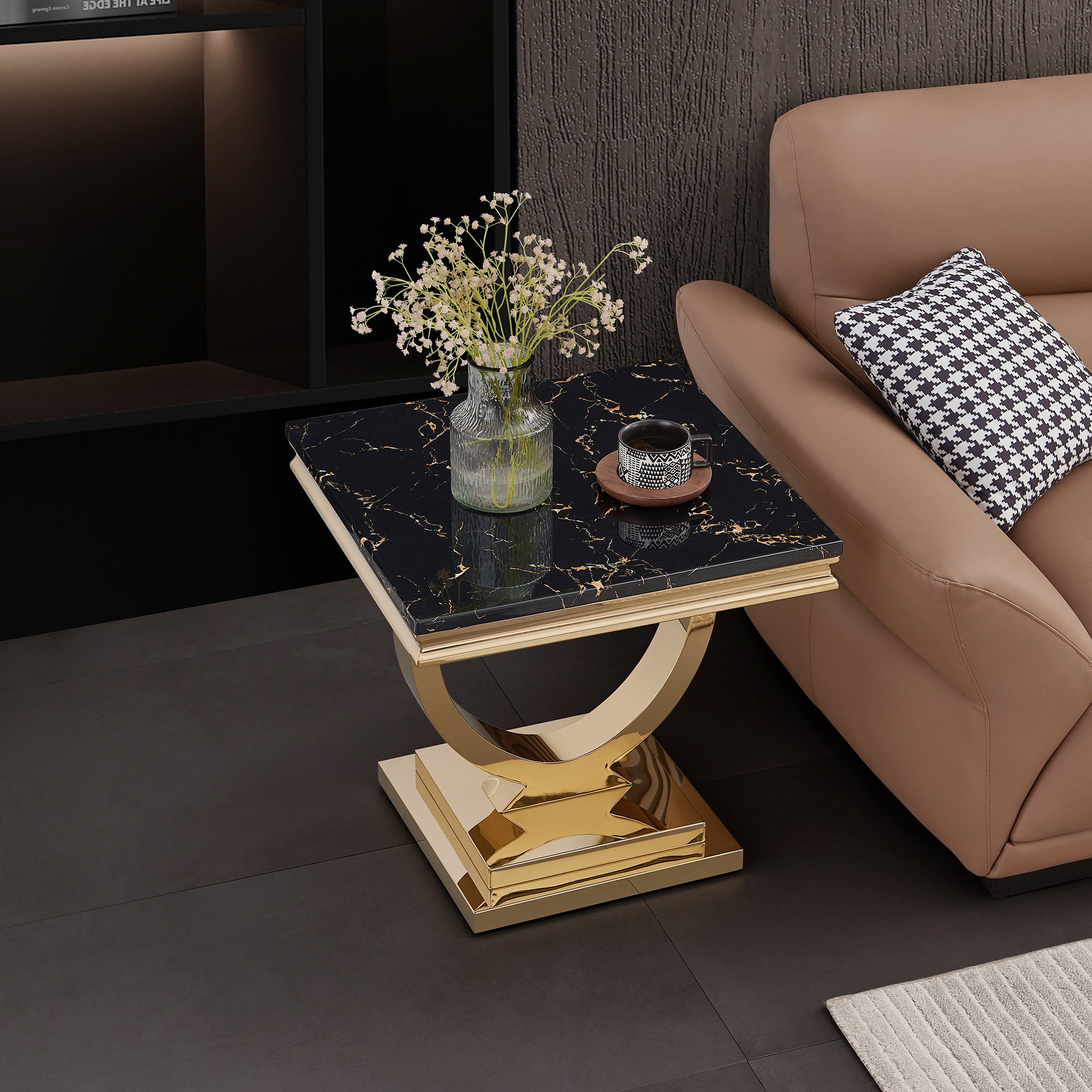 22.83" Square Faux Marble End Table, Modern Marble-Patterned Top with Gold Mirrored Stainless Steel O-Base, for Hallway, Living Room, Bedroom