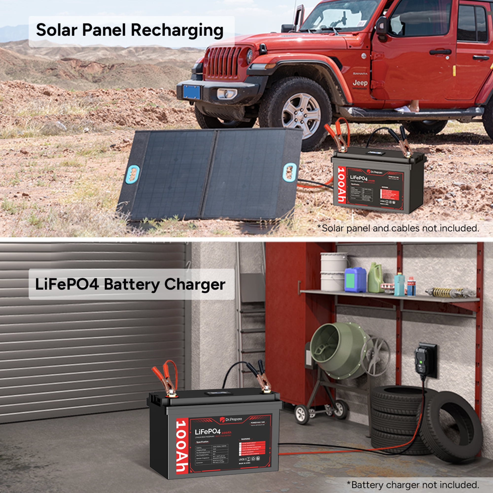DR.PREPARE 100Ah LiFePO4 Lithium Deep Cycle Battery with LED Screen - Connect In Series for RVs, Boats,Black[10-year Warranty]