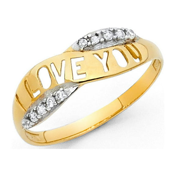 I Love You Ring Solid 14k Yellow Gold Love Band CZ Promise Ring Curve Design Polished Fancy, Size 7
