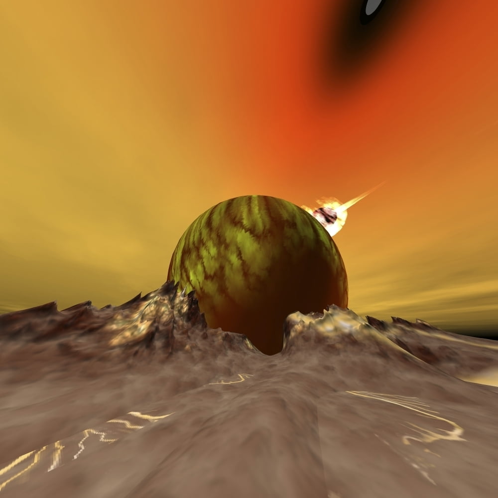 An asteroid hits a moon near to this out in the cosmos Poster