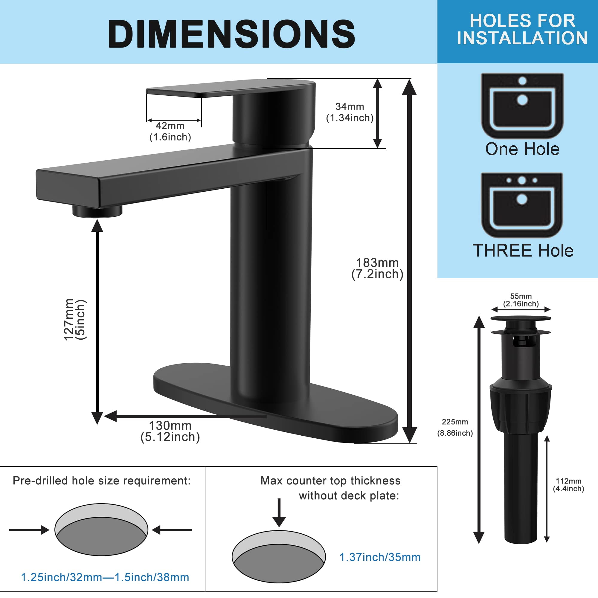 Matte Black Bathroom Sink Faucet Single Handle Bathroom Faucet Black Single Hole Vanity Faucet Modern RV Faucet Deck Mount 1 Hole or 3 Hole