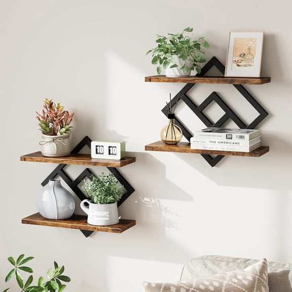 Floating Shelves for Wall, Set of 2 Hanging Shelves, 2-Tier Wall Mounted Storage Shelves for Books & Decor, Rustic Brown