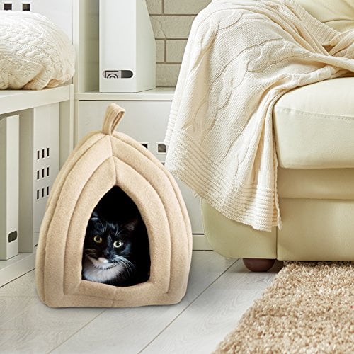 PETMAKER Cat Pet Bed, Igloo-Soft Indoor Enclosed Covered Tent/House for Cats, Kittens, and Small Pets with Removable Cushion Pad (Tan)
